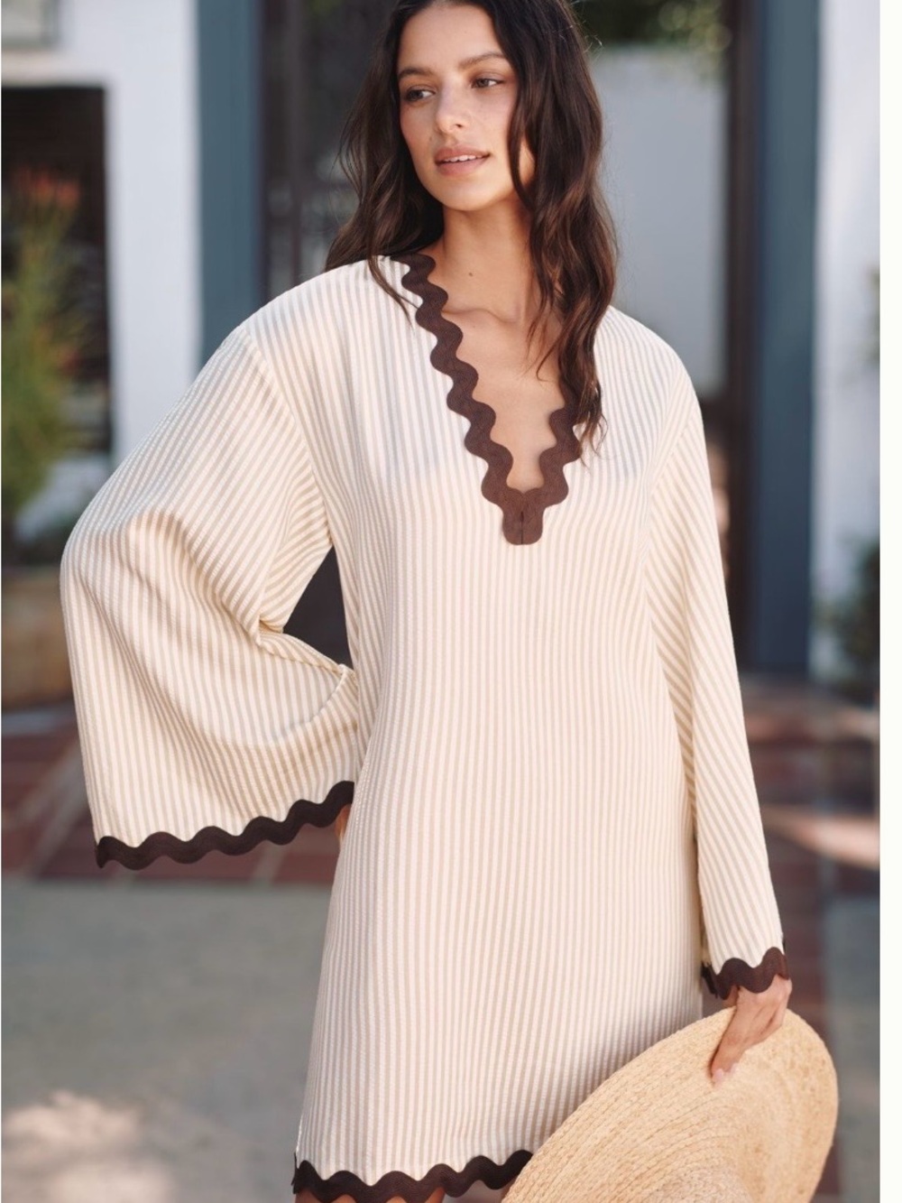 Anthropologie Cream Ribbed Swim Cover-Up with Chocolate Trim Size Xs/S Rick Rack